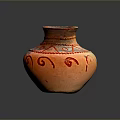 Handmade Traditional Pottery Sculpture With Carved Red Decorative Patterns And Orange Body