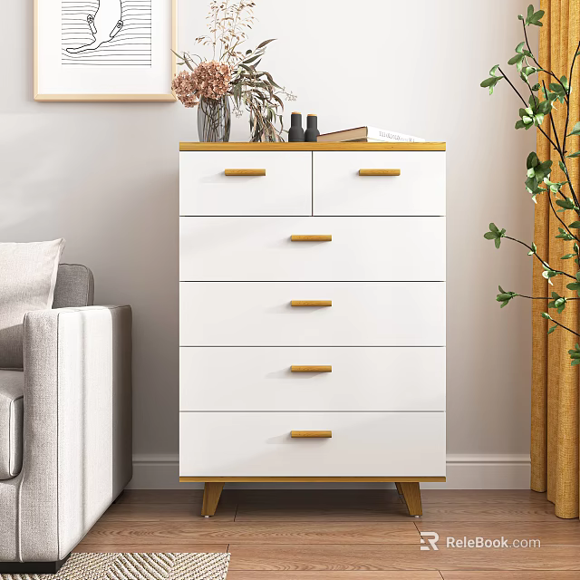 White Chest of Drawers with Golden Handles Wooden Legs Sofa and Plant in Living Room 3d model 