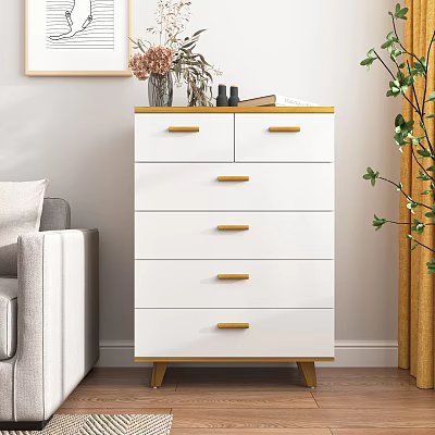 White Chest of Drawers with Golden Handles Wooden Legs Sofa and Plant in Living Room 3d model