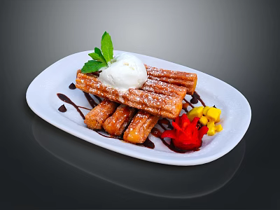 Crispy Churros Topped With Powdered Sugar Ice Cream Chocolate Sauce Mango Pieces And Mint Leaf 3d model