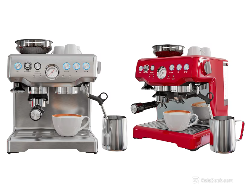 Stylish Kitchen Coffee Machines Silver And Red With Mugs And Milk Frothers 3d model 