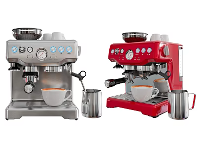 Stylish Kitchen Coffee Machines Silver And Red With Mugs And Milk Frothers 3d model