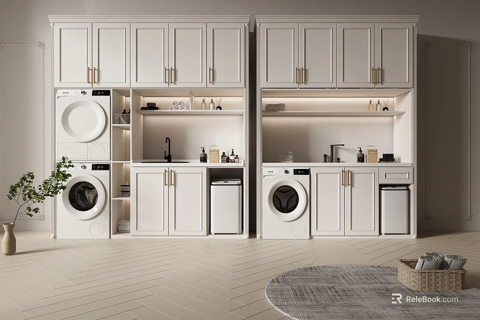 White Modern Bathroom Cabinetry With Washing Machine Dryer Sink Shelves And Built In Lighting 3d model 