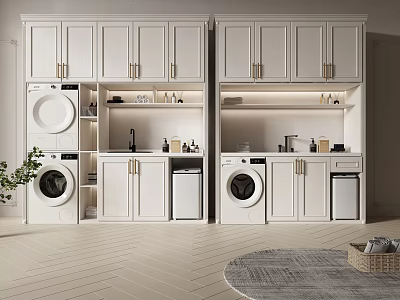 White Modern Bathroom Cabinetry With Washing Machine Dryer Sink Shelves And Built In Lighting 3d model