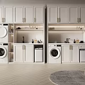 White Modern Bathroom Cabinetry With Washing Machine Dryer Sink Shelves And Built In Lighting