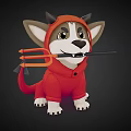 Cartoon Dog In Red Hoodie With Devil Horns Trident And Tail On Dark Background