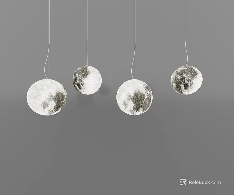 Decorative Four Hanging Chandeliers Featuring Moon Surface Texture On Gray Background 3d model