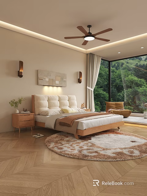 Modern Bedroom Interior With Upholstered Headboard Bed Wooden Nightstand Soft Rug And Scenic Green View 3d model 