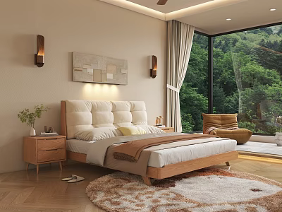 Modern Bedroom Interior With Upholstered Headboard Bed Wooden Nightstand Soft Rug And Scenic Green View 3d model