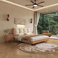 Modern Bedroom Interior With Upholstered Headboard Bed Wooden Nightstand Soft Rug And Scenic Green View