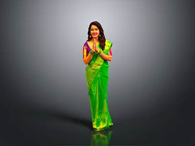 Smiling Woman In Green Sari With Folded Hands On Gray Background 3d model