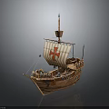 Wooden Sailing Ship With White Sail Red Cross And Historical Deck Details