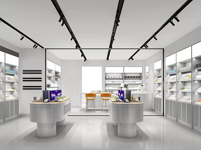 Modern Retail Store Interior With White Display Shelves Round Counters And Track Lighting 3d model