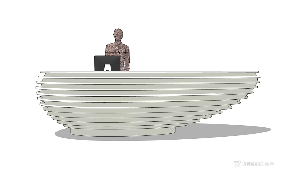 Modern Office Reception Desk With Layered Design And Person Using Laptop 3d model