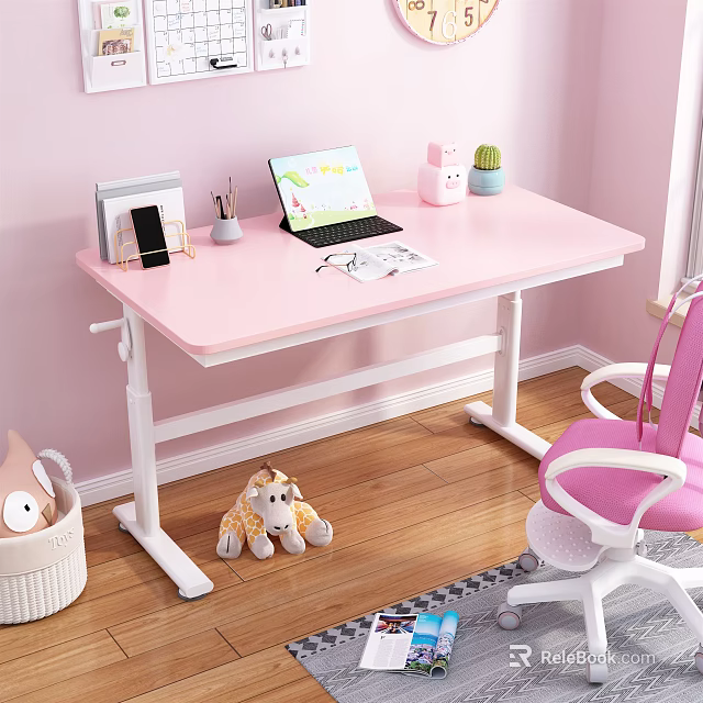 Pink Modern Desk With Laptop Books Stationery And Potted Plant In Kids Room 3d model 