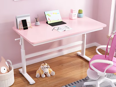 Pink Modern Desk With Laptop Books Stationery And Potted Plant In Kids Room 3d model