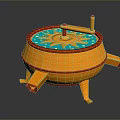 Decorative Orange Three Legged Item With Sun Pattern Top And Wooden Texture