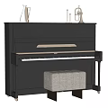 Black Upright Piano With White Vase Brass Instruments And Gray Padded Stool