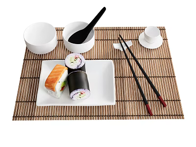 Sushi Rolls On White Plate With Bamboo Mat Chopsticks And Small Bowls 3d model