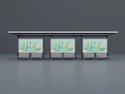Traffic Signage At Modern Bus Stop Shelter With Cityscape Billboards And Benches 3d model