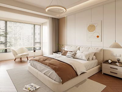 Modern Elegant Bedroom Interior With Bed Decorative Painting Blinds White Chair Rug And Table Lamp 3d model