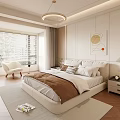 Modern Elegant Bedroom Interior With Bed Decorative Painting Blinds White Chair Rug And Table Lamp