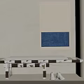 Wooden Bench With Geometric Design Light Cushion And White Shoes By Wall Art