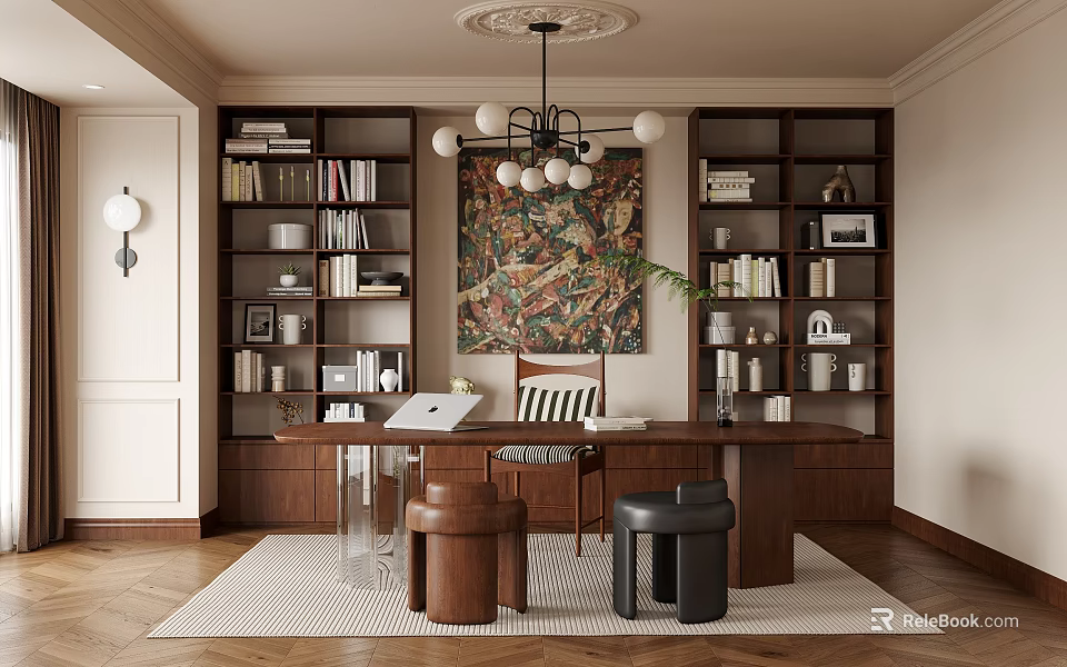 Study Room Interior With Dark Wooden Bookshelves Chandelier Decorative Painting Desk Laptop Stools And Rug 3d model 