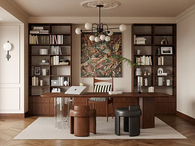 Study Room Interior With Dark Wooden Bookshelves Chandelier Decorative Painting Desk Laptop Stools And Rug 3d model