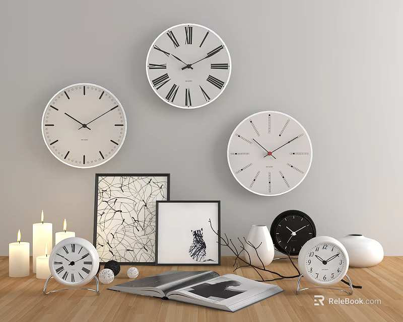 Modern Decorative Ornament Set with Clocks Picture Frames Candles and Vases for Home Decor 3d model 