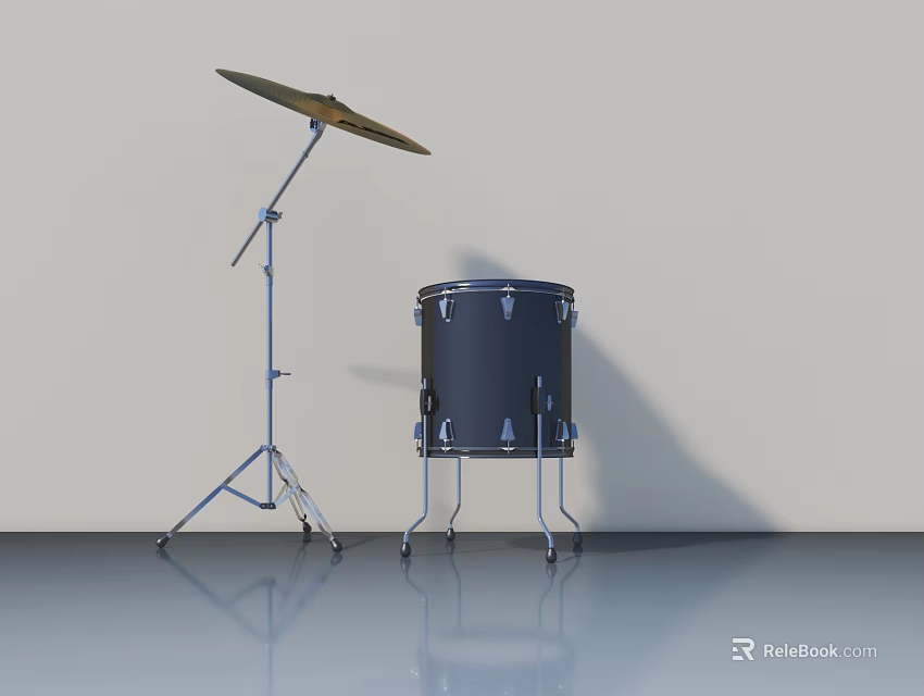 Modern Black Drum Set With Cymbal Stand On Gray Floor And Light Wall 3d model 