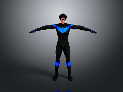 Superhero Character In Black And Blue Costume With Arms Outstretched On Gray Background 3d model
