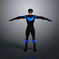 Superhero Character In Black And Blue Costume With Arms Outstretched On Gray Background
