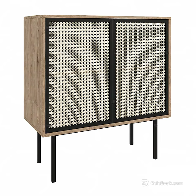 Stylish Modern Oak Sideboard Cabinet With Rattan Doors Black Frame And Legs 3d model 