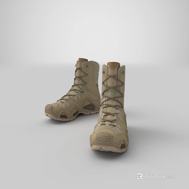 Khaki High Top Tactical Boots With Thick Sole And Lace Up Design 3d model 