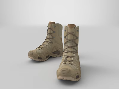Khaki High Top Tactical Boots With Thick Sole And Lace Up Design 3d model