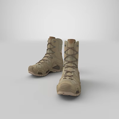 Khaki High Top Tactical Boots With Thick Sole And Lace Up Design 3d model