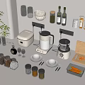 Modern Kitchen Counter With Rice Cooker Food Processor Bowls Knives Cutting Board And Spice Jars