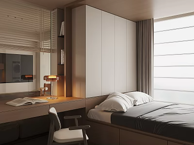 Modern Tatami Bedroom Interior With Tatami Bed Built in Wardrobe Desk And Window Blinds 3d model