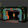 Futuristic Sci Fi Entrance Structure With Blue Red Accents And Green Control Panels