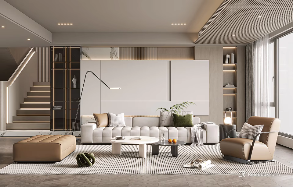 Modern Living Room Interior Design With Sofa Armchair Coffee Tables And Bookshelves 3d model 