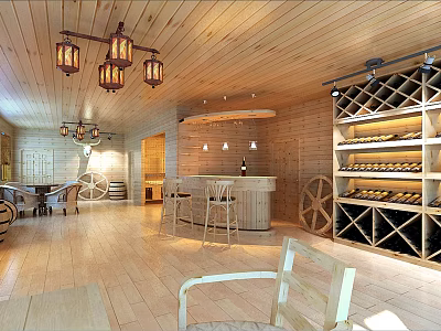 Wooden Bar Interior with Pendant Lights Bar Counter Wine Racks Wheel Decorations and Flooring 3d model