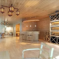 Wooden Bar Interior with Pendant Lights Bar Counter Wine Racks Wheel Decorations and Flooring
