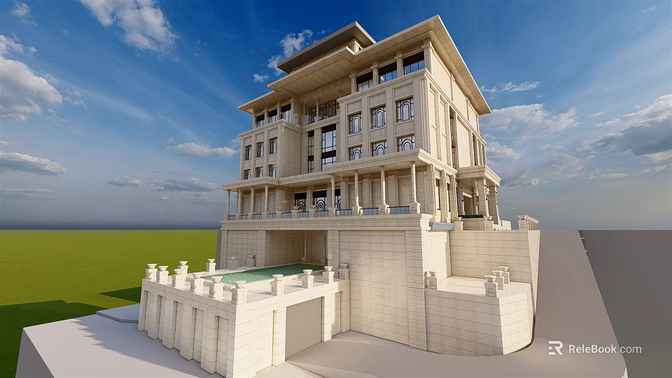 Stunning Detached Villa In Classical Style With Marble Exterior Columns And Green Lawn 3d model 