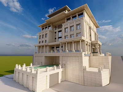 Stunning Detached Villa In Classical Style With Marble Exterior Columns And Green Lawn 3d model