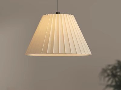 Pleated Cream Pendant Light Hanging In Interior With Light Gray Wall And Green Plant 3d model