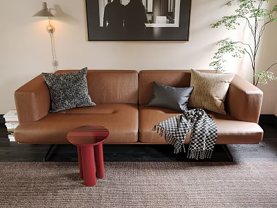 Two Seater Brown Leather Sofa with Throw Pillows Plaid Blanket and Red Side Table 3d model