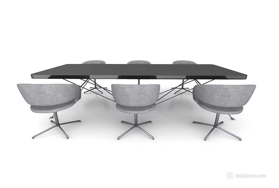 Modern Office Conference Table With Black Tabletop Gray Chairs And Metal Frame 3d model 