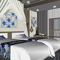 Chinese Traditional Hotel Guest Room With Double Beds Striped Headboard And Blue White Porcelain Decor