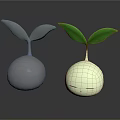 Cute Cartoon Plants Scene With Two Round Figures Different Colors Gray White Green Leaves Closed Eyes
